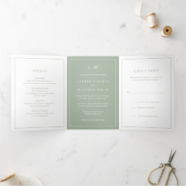 Einfache Hochzeit Green Monogram Elegant Wedding Dreifach Gefaltete Einladung