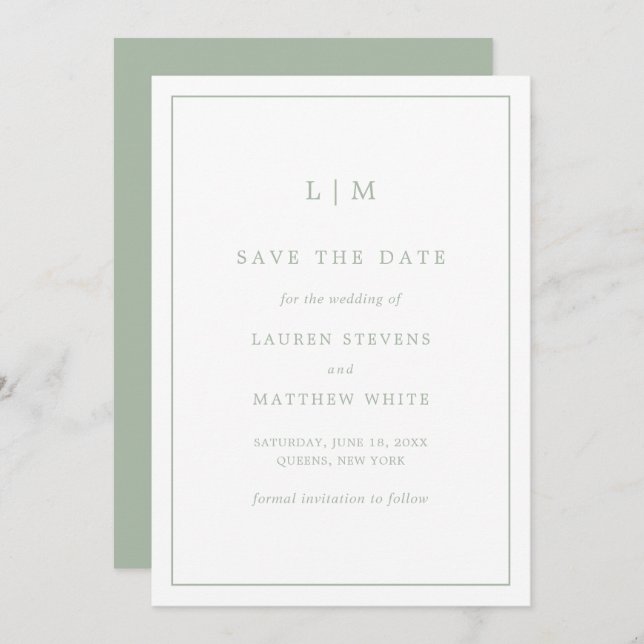 Einfache Hochzeit Green Monogram Elegant Wedding Save The Date (Vorne/Hinten)