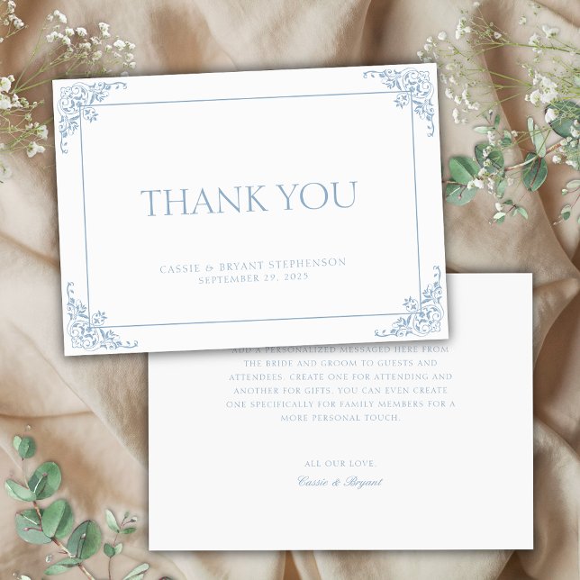 Einfache Hochzeit in Blau und Weiß der Regenzeit Dankeskarte (elegant blue and white wedding thank you cards with personalize message on chic vintage border)