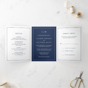Einfache Hochzeit in Navy Blue Monogram Dreifach Gefaltete Einladung
