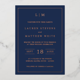 Einfache Hochzeit in Navy Blue Monogram Folieneinladung