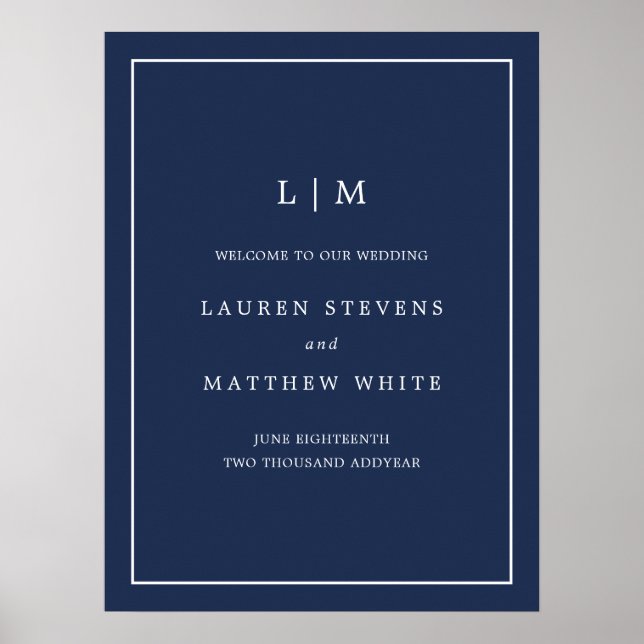 Einfache Hochzeit in Navy Blue Monogram Poster (Vorne)
