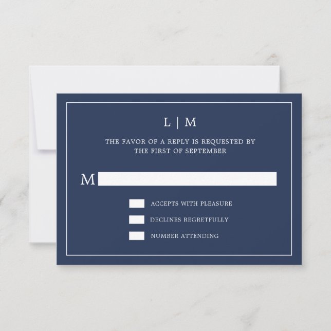 Einfache Hochzeit in Navy Blue Monogram RSVP Karte (Vorderseite)