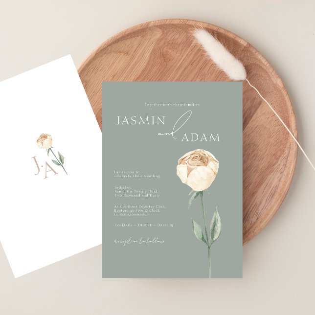 Einfache Hochzeit in Roter Rose Einladung (Simple Elegant Sage Green Rose Gold Floral Wedding Invitation)