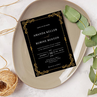 Einfache Hochzeit in Schwarz und Gold Einladung