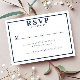 Einfache Hochzeit mit blauem und weißem Border RSVP Karte