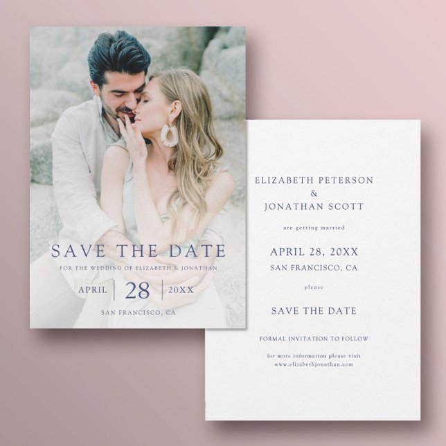 Einfache Hochzeit mit Blauer Typografie-Foto Save The Date (Von Creator hochgeladen)
