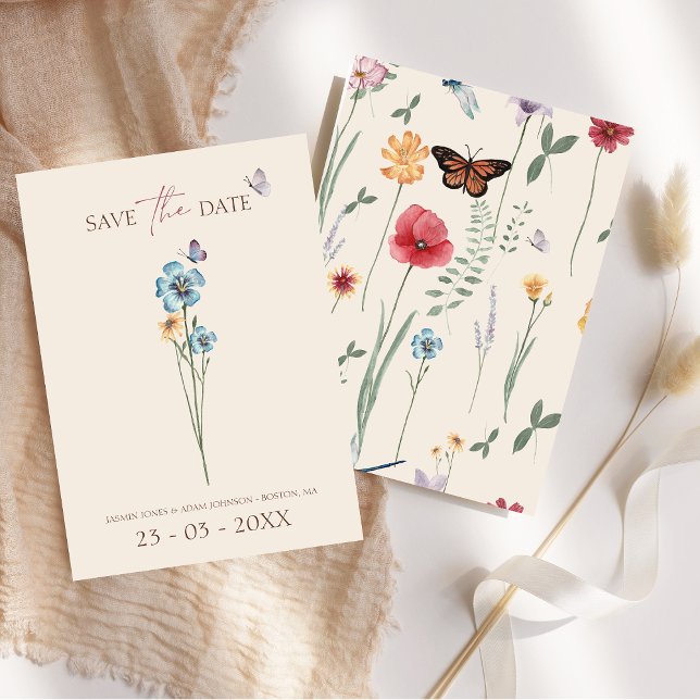 Einfache Hochzeit mit Blauer Wildblume Butterfly Save The Date (Simple Blue Wildflower Butterfly Floral Wedding Save The Date)