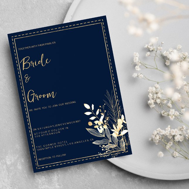 Einfache Hochzeit mit blühender Goldblüte Einladung (Simple chic navy blue gold floral Wedding )
