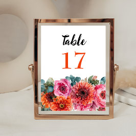 Einfache Hochzeit mit Blumen, Orange und Rosa Tischnummer