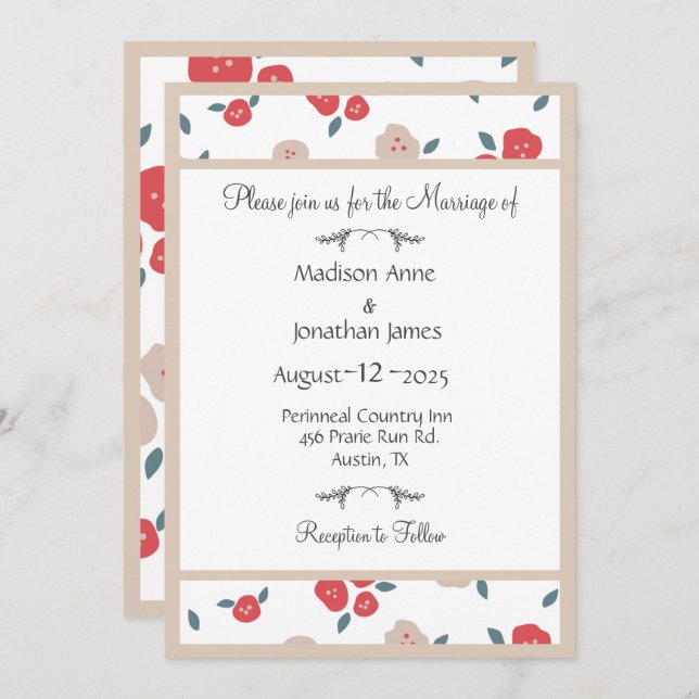 Einfache Hochzeit mit Blumenrot Hübsch Einladung (Vorne/Hinten)