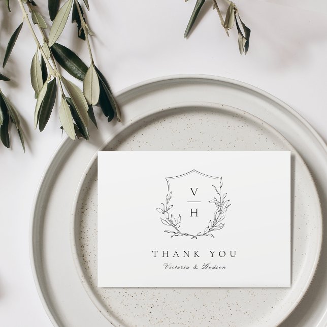 Einfache Hochzeit mit botanischem Wappen Dankeskarte (Simple elegance botanical crest monogram wedding thank you card)