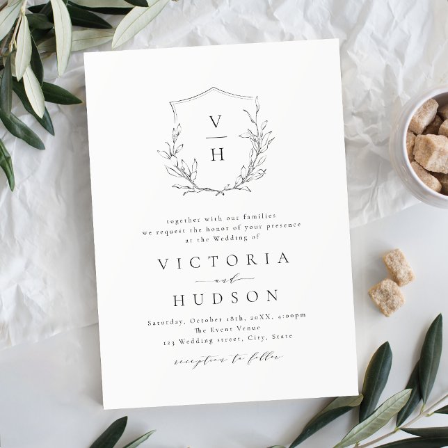 Einfache Hochzeit mit botanischem Wappen Einladung (Simple elegance botanical crest monogram wedding invitation)