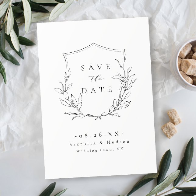 Einfache Hochzeit mit botanischem Wappen Save The Date (Simple elegance botanical crest monogram wedding Save The Date)