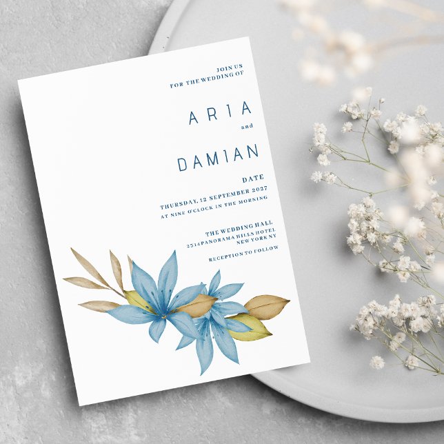 Einfache Hochzeit mit brauner Blüte Einladung (Simple watercolor brown blue floral Wedding )
