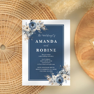 Einfache Hochzeit mit Minimalistischer Blauer Flor Einladung