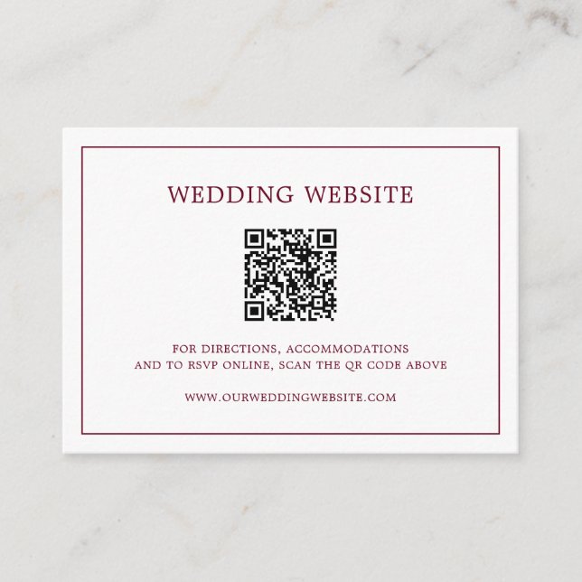 Einfache Hochzeit mit QR-Code für Burgundy Monogra Begleitkarte (Vorderseite)