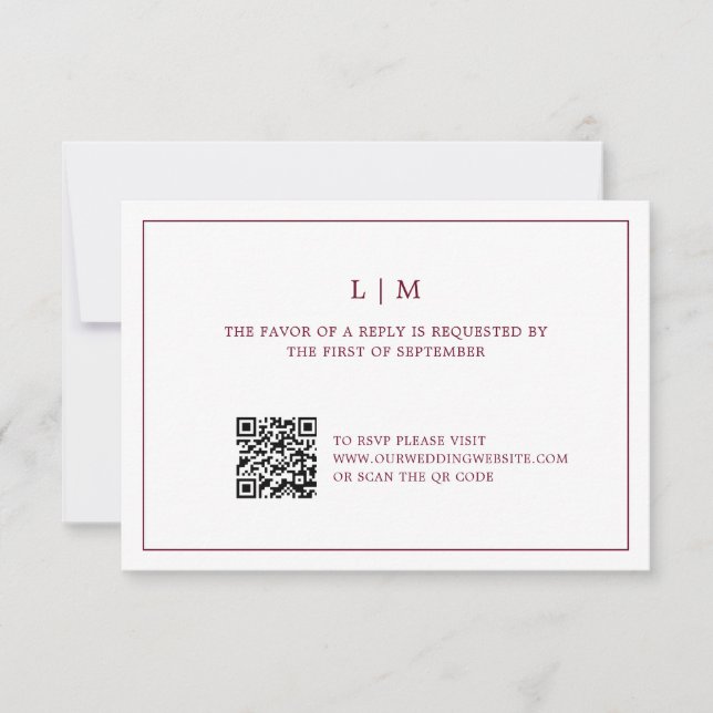 Einfache Hochzeit mit QR-Code für Burgundy Monogra RSVP Karte (Vorderseite)
