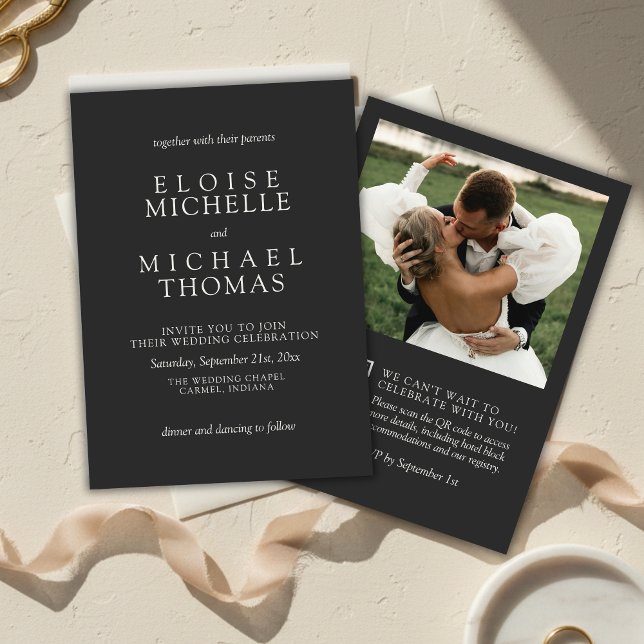 Einfache Hochzeit mit QR-Code im klassischen Kohle Einladung (Simple Charcoal Photo Classic QR Code Wedding Invitation)