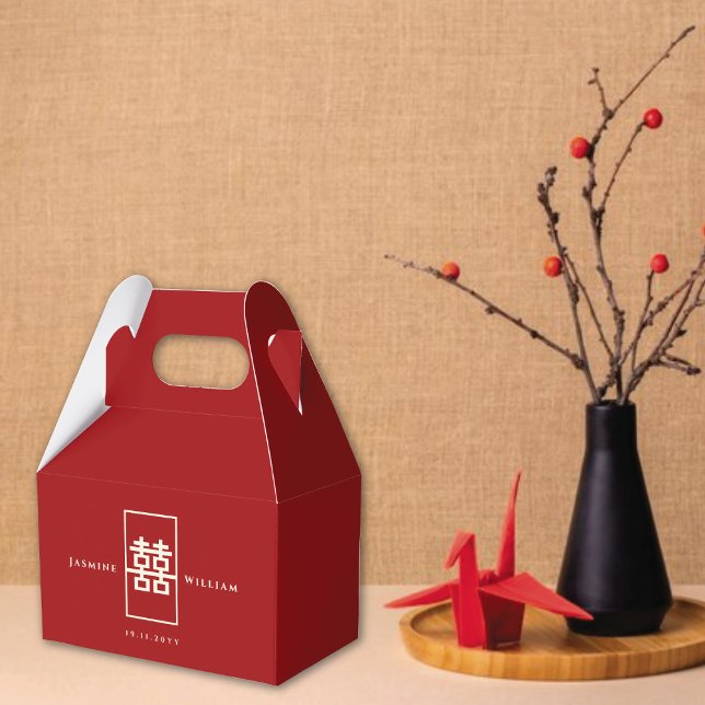 Einfache Hochzeit mit Rectangle für chinesisches G Geschenkschachtel (Ivory/Red Simple Rectangle Double Happiness Chinese Wedding Party Favor Boxes @ fatfatin_red_knot)