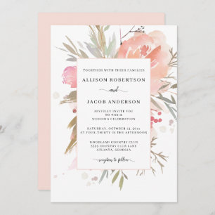 Einfache Hochzeit mit Wasserfarbe Rosa Blütenfarbe Einladung