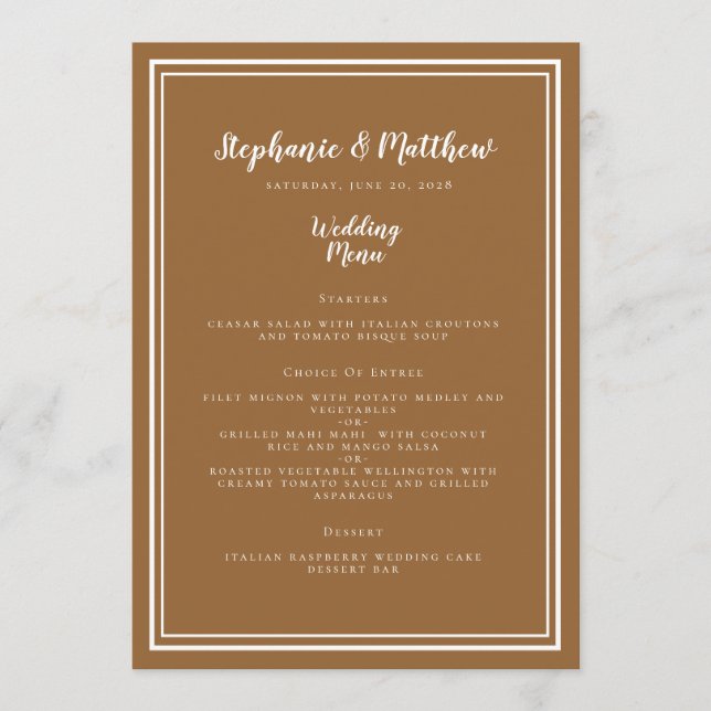 Einfache Hochzeit Moderner Chic Rustic Brown Dinne Menükarte (Vorderseite)