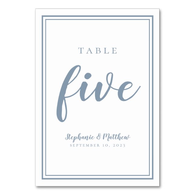 Einfache Hochzeit Tischnummer Five Dusty Blue (Vorderseite)