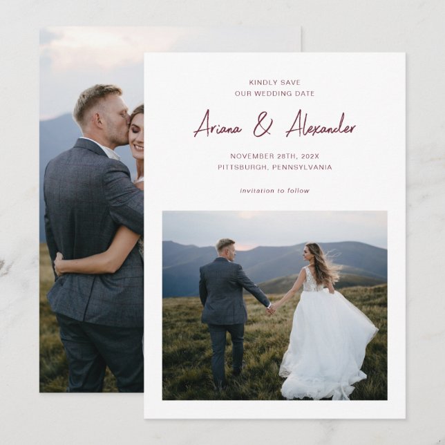 Einfache Hochzeit von Burgundy Script-Fotos Save The Date (Vorne/Hinten)
