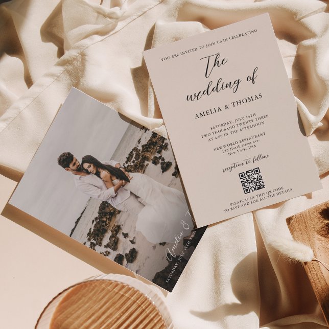 Einfache Hochzeit von Cream Script Foto QR Code Einladung (Von Creator hochgeladen)