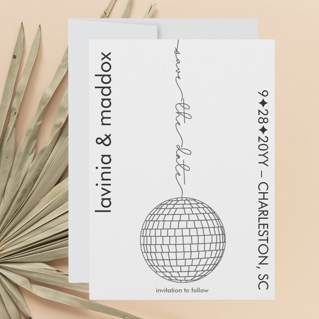 Einfache Hochzeit von Disco Ball Black and White Q Save The Date (Disco with a simple touch with a hand drawn feel in black and white)