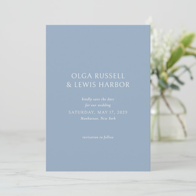 Einfache Hochzeit von Dusty Blue Save The Date (Stehend Vorderseite)