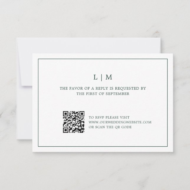 Einfache Hochzeit von Forest Green Monogram QR Cod RSVP Karte (Vorderseite)