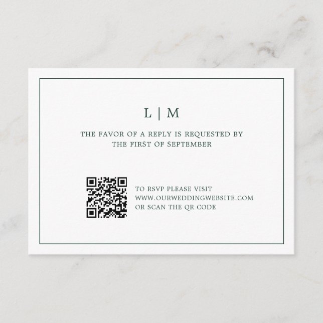 Einfache Hochzeit von Forest Green Monogram QR Cod RSVP Karte (Vorderseite)
