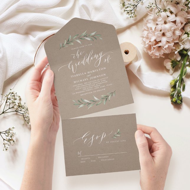 Einfache Hochzeit von Kalligraphie und rustikalem  All In One Einladung (Simple calligraphy kraft rustic greenery wedding all in one invitation)