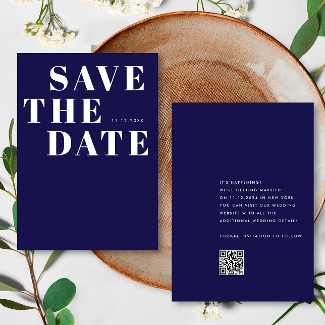 Einfache Hochzeit von Navy Blue Minimalistisch QR  Save The Date (Von Creator hochgeladen)