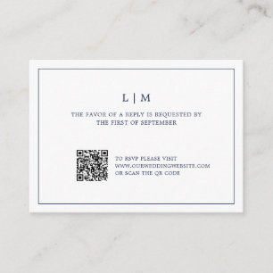 Einfache Hochzeit von RSVP mit blauem Monogramm QR Mitteilungskarte