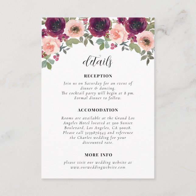 Einfache Hochzeitsdetails der Burgunder Wasserfarb Begleitkarte (Vorderseite)