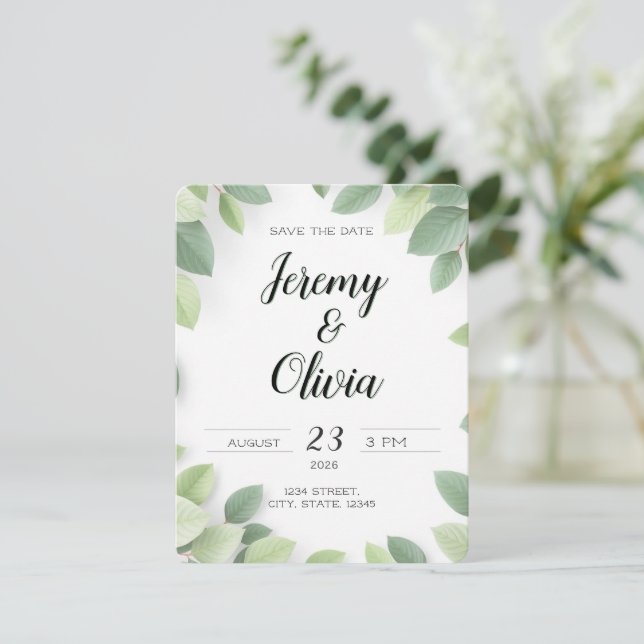 Einfache Hochzeitseinladung 'Datum speichern' (Stehend Vorderseite)