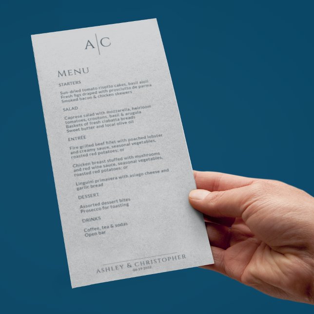 Einfache Hochzeitsempfehlung für Navy & Gray Monog Menükarte (Von Creator hochgeladen)