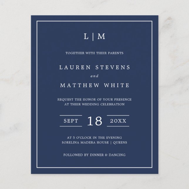 Einfache Hochzeitsfeier für Navy Blue Monogram (Vorderseite)