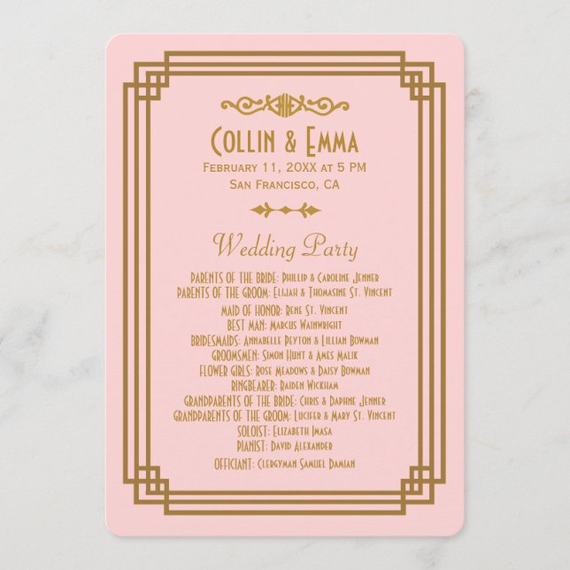 Einfache Hochzeitsprogramme im Art Deco Stil in Ro Programm (Vorderseite)