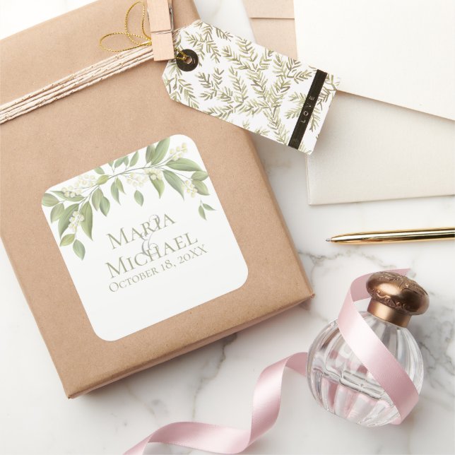 Einfache Hochzeitssage Grünpflanzen Foliage Gefall Quadratischer Aufkleber (Schenken)