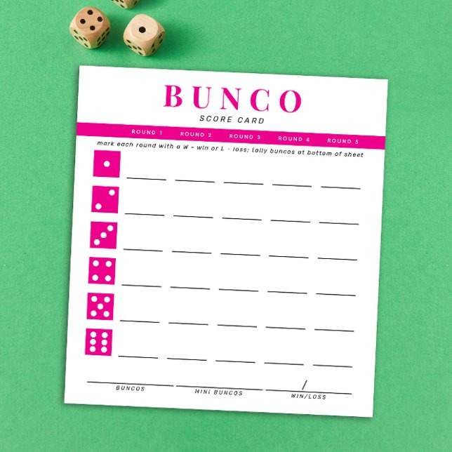 Einfache Hot-Pink- und White-Bunco-Punktkarte Notizblock (modern tear-off notepad Bunco score card with hot fuchsia pink dice graphics and accents)