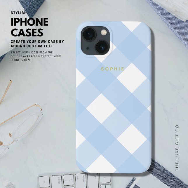 Einfache Hübsch Classic Blue Gingham Gold Monogram Case-Mate iPhone Hülle (Von Creator hochgeladen)