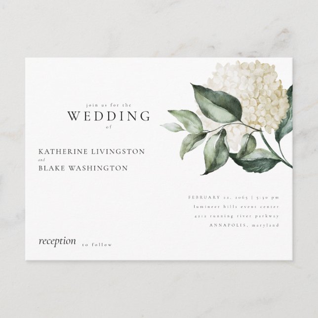 Einfache Hydrangea Postkarte Einladung Hochzeit (Vorderseite)