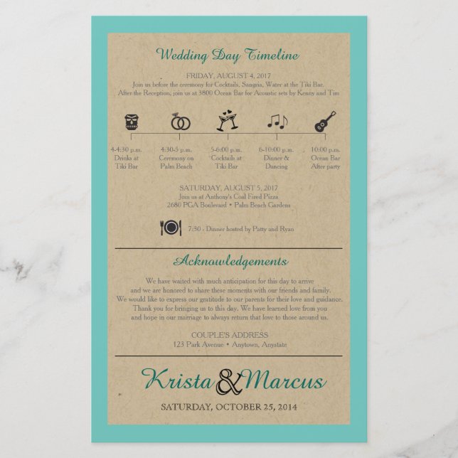 Einfache Icons Timeline Hochzeitsprogramm (Vorderseite)