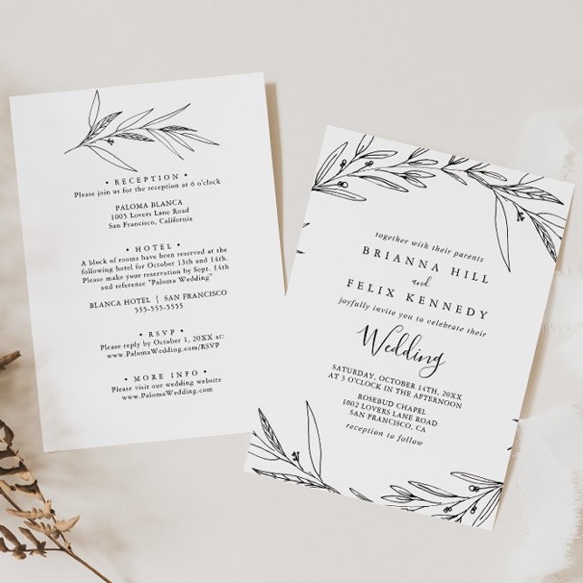 Einfache Illustrierte Foliage Front & Back Wedding Einladung (Von Creator hochgeladen)