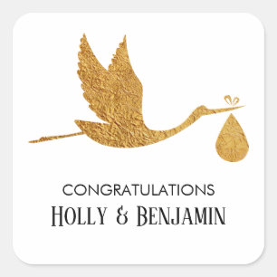Einfache Imitate Gold Stork Herzlichen Glückwunsc Quadratischer Aufkleber