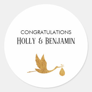 Einfache Imitate Gold Stork Herzlichen Glückwunsch Runder Aufkleber