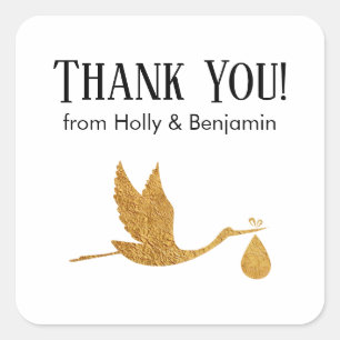 Einfache Imitate Gold Stork Vielen Dank! Babyparty Quadratischer Aufkleber